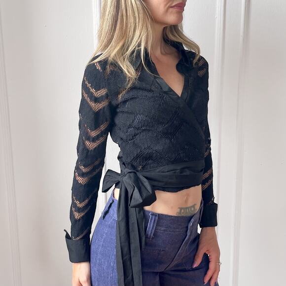 VTG Black Lace Goth Y2K Wrap Top Dark Romantic Shear Studio De Compagnie Paris - Picture 7 of 11